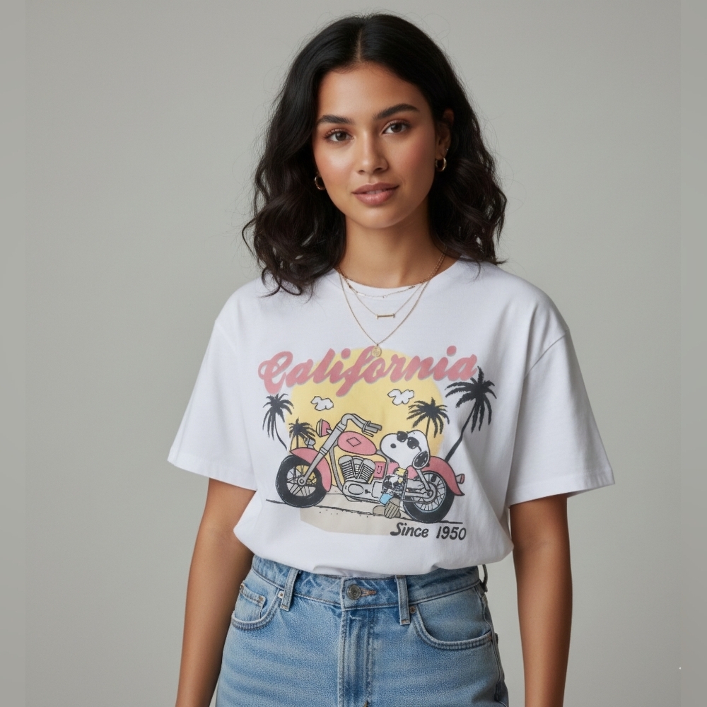⭐ 2 FOR $20 Peanuts White T-Shirt S California Snoopy Biker Boxy Graphic Tee